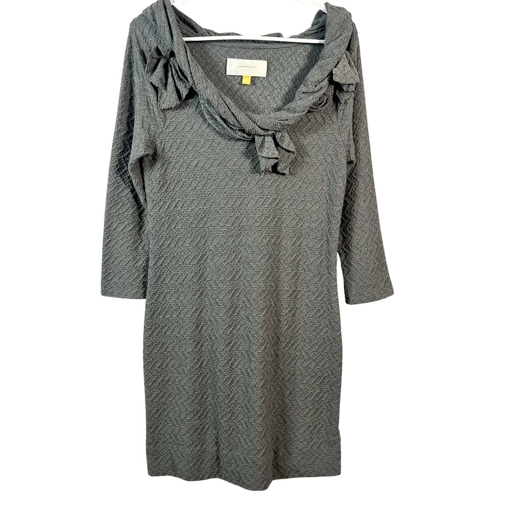 Leifsdottir Dress Sheath Womens Medium‎ Gray Knit Classic Ruffled Cowl Neck Work - Picture 2 of 11